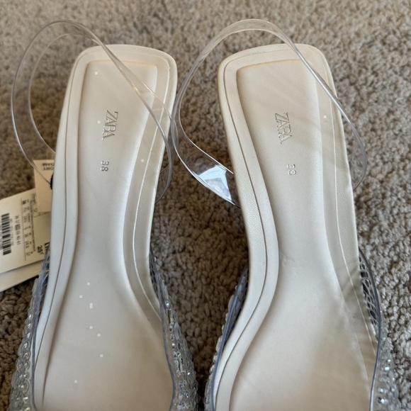 Zara White and Cream Rhinestone Vinyl Square-toe Heeled Sandals - Picture 5 of 8